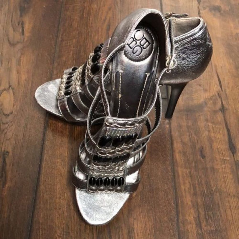 BCBG Platform Sandals, Silver, Patent leather, Embellished, Florescent beads